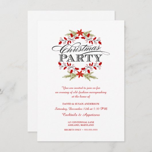 Elegant Holly Wreath Kerstparty Uitnodigingen (Voorkant / Achterkant)