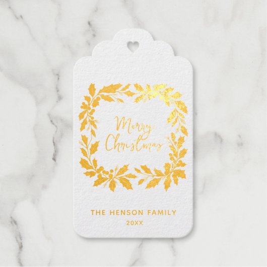 Elegant Holly Wreath Merry Christmas Cadeaulabels (Voorkant)