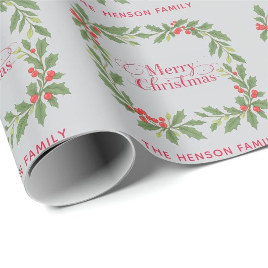 Elegant Holly Wreath Merry Christmas Cadeaupapier (Rol Hoek)