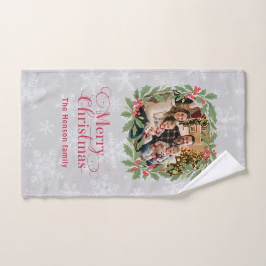Elegant Holly Wreath Merry Christmas Photo Bad Handdoek (Handdoek)