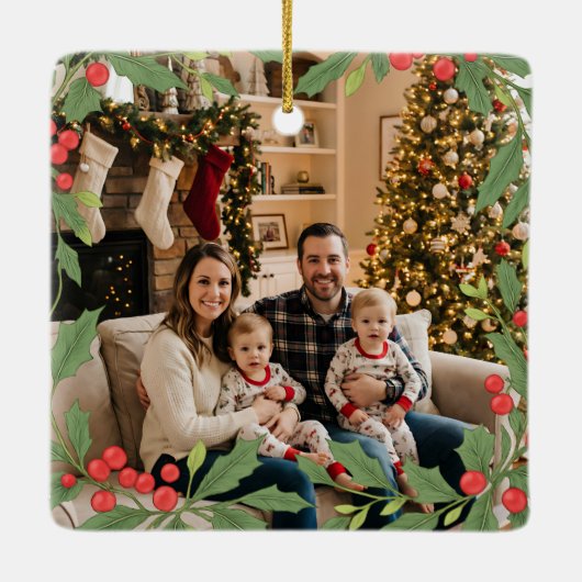 Elegant Holly Wreath Merry Christmas Photo Keramisch Ornament (Achterkant)