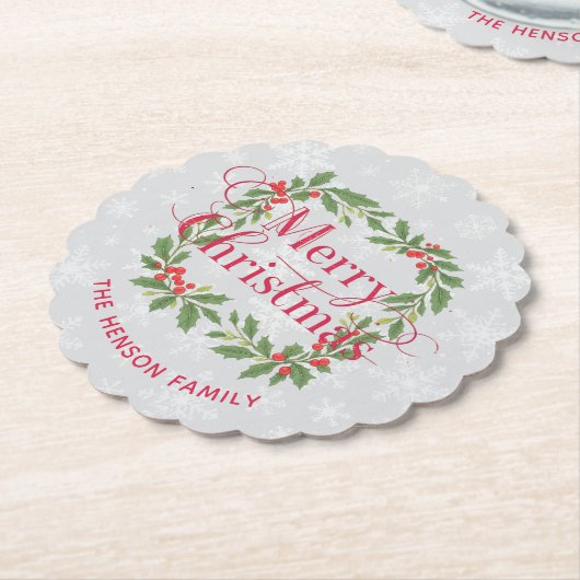 Elegant Holly Wreath Snowflakes Merry Christmas Kartonnen Onderzetters (Gekanteld)