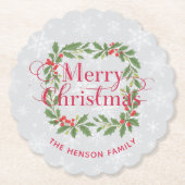 Elegant Holly Wreath Snowflakes Merry Christmas Kartonnen Onderzetters (Voorkant)