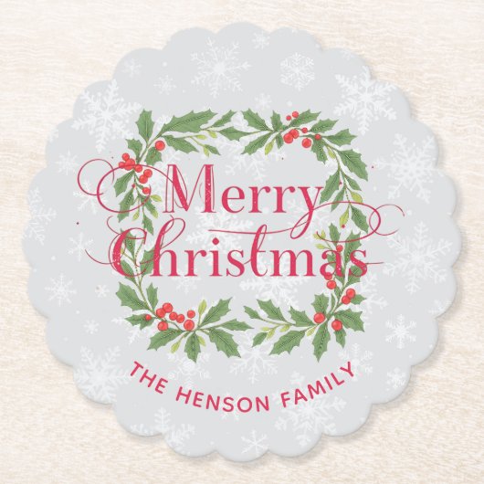 Elegant Holly Wreath Snowflakes Merry Christmas Kartonnen Onderzetters (Voorkant)