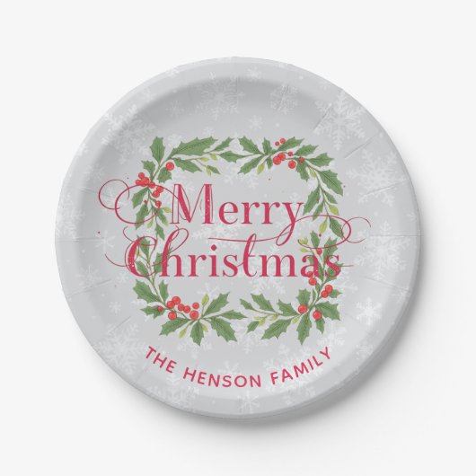 Elegant Holly Wreath Snowflakes Merry Christmas Papieren Bordje (Voorkant)