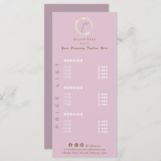 Elegant holografisch monogram roze prijslijst menu (Voorkant / Achterkant)