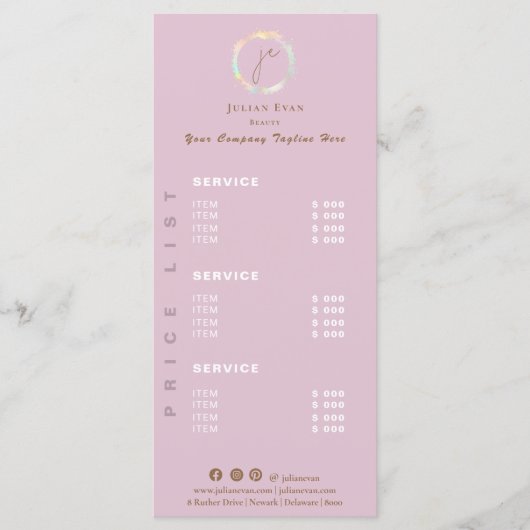 Elegant holografisch monogram roze prijslijst menu (Voorkant)