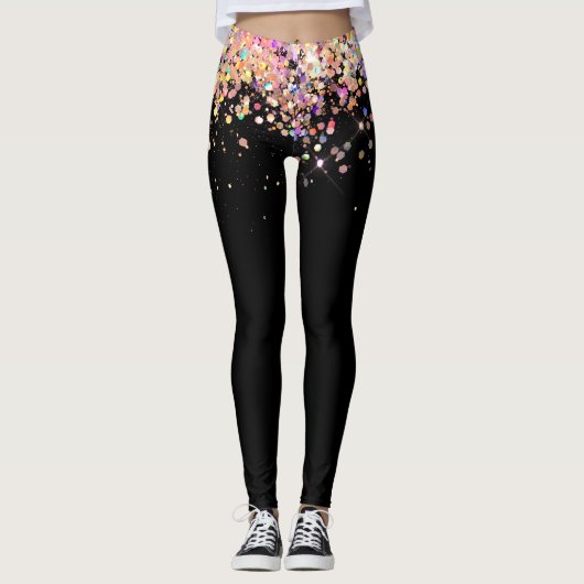 Elegant holografisch Roos Gold Glitter Zwart Leggings (Voorkant)