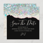 Elegant holografisch sprankelend zwart ivoor save the date (Voorkant / Achterkant)
