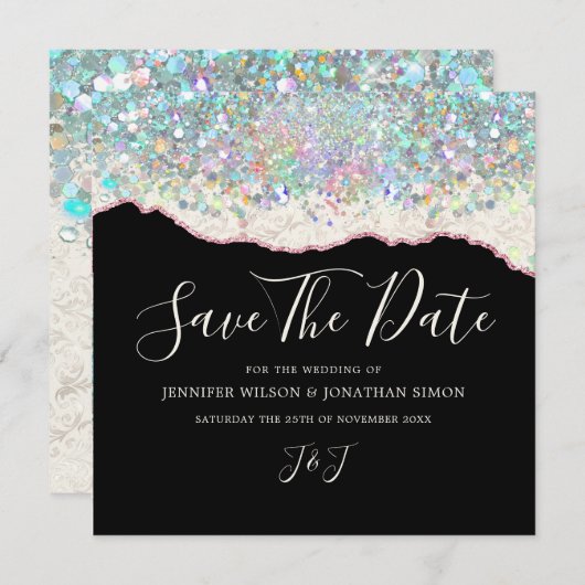 Elegant holografisch sprankelend zwart ivoor save the date (Voorkant / Achterkant)