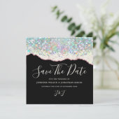 Elegant holografisch sprankelend zwart ivoor save the date (Staand voorkant)