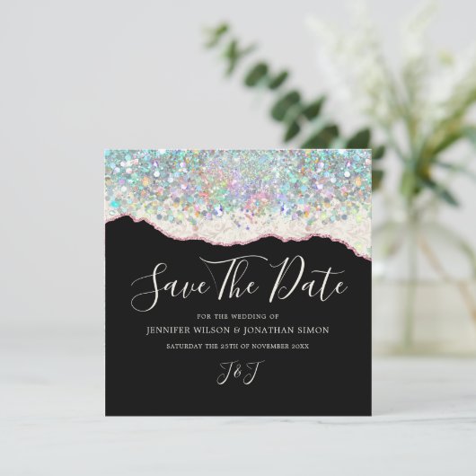 Elegant holografisch sprankelend zwart ivoor save the date (Staand voorkant)