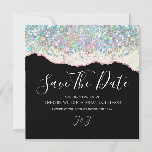 Elegant holografisch sprankelend zwart ivoor save the date (Voorkant)