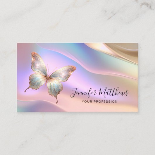 Elegant holografisch vlinderscript visitekaartje (Voorkant)