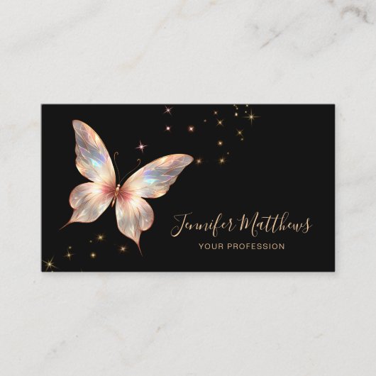 Elegant holografisch vlindersprankelscript visitekaartje (Voorkant)