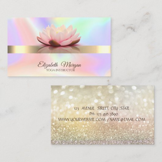 Elegant Holographic, Bokeh Gold, Lotus Flower Yoga Visitekaartje (Voorkant / Achterkant)