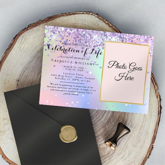 Elegant Holographic Celebration of life Invitation Kaart