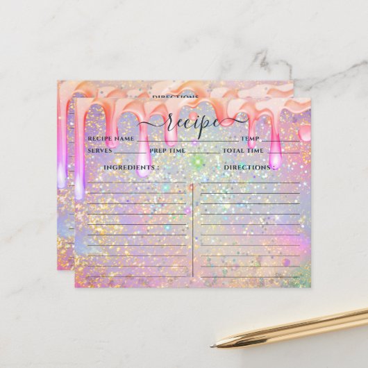 Elegant holographic Drip Gold Glitter Recipe Kaart (Voorkant / Achterkant in situ)