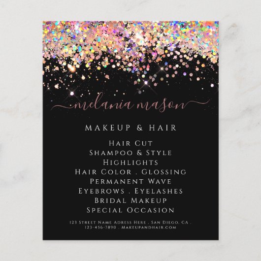 Elegant Holographic Glitter Beauty Salon Black Flyer (Voorkant)