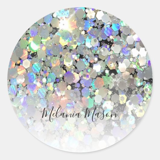 Elegant holographic Glitter Black aangepaste tekst Ronde Sticker (Voorkant)