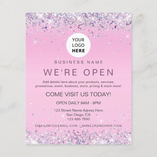 Elegant holographic Glitter Custom Logo Roze Flyer (Achterkant)