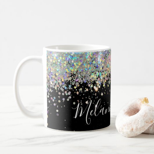 Elegant holographic Glitter Custom Name Black Coff Koffiemok (Met donut)