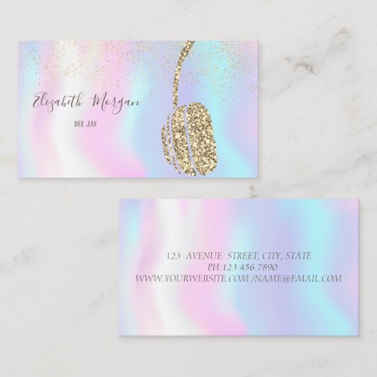 Elegant holographic Glitter Headphone DJ, Confetti Visitekaartje (Voorkant / Achterkant)