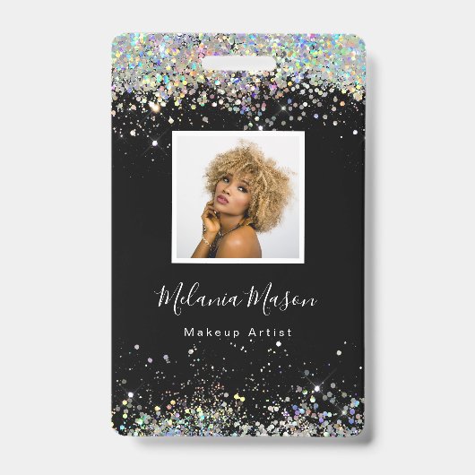 Elegant Holographic Glitter Makeup Artist Black Badge (Voorzijde)