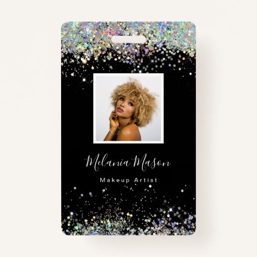 Elegant Holographic Glitter Makeup Artist Black Badge (Voorkant)