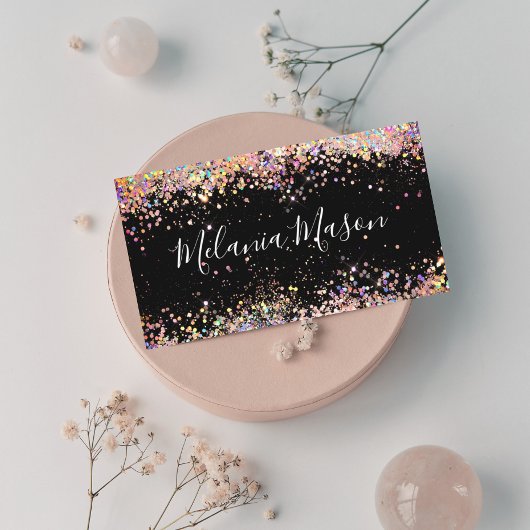 Elegant Holographic Glitter Makeup Artist Black Visitekaartje