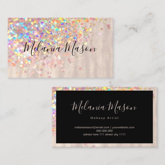Elegant Holographic Glitter Makeup Artist Pearly Visitekaartje (Voorkant / Achterkant)
