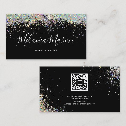 Elegant holographic Glitter Makeup Artist QR Code Visitekaartje (Voorkant / Achterkant)