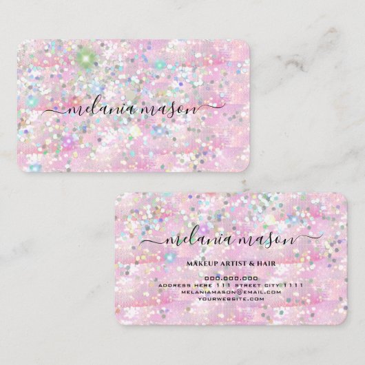 Elegant holographic Glitter Makeup Artist Roze Visitekaartje (Voorkant / Achterkant)