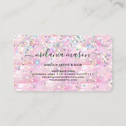 Elegant holographic Glitter Makeup Artist Roze Visitekaartje (Achterkant)