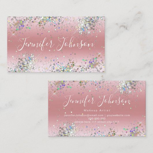 Elegant holographic Glitter Makeup Artist Roze Visitekaartje (Voorkant / Achterkant)