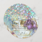 Elegant holographic Glitter Moderne Gold Marble Save The Date (Voorkant / Achterkant)