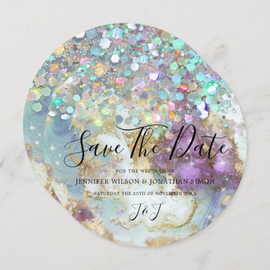 Elegant holographic Glitter Moderne Gold Marble Save The Date (Voorkant / Achterkant)