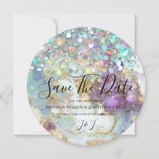 Elegant holographic Glitter Moderne Gold Marble Save The Date (Voorkant)