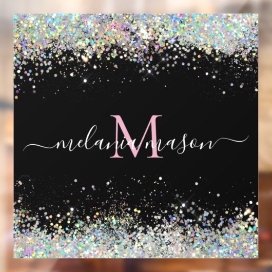 Elegant Holographic Glitter Monogram Black Raamsticker (Vel 2)