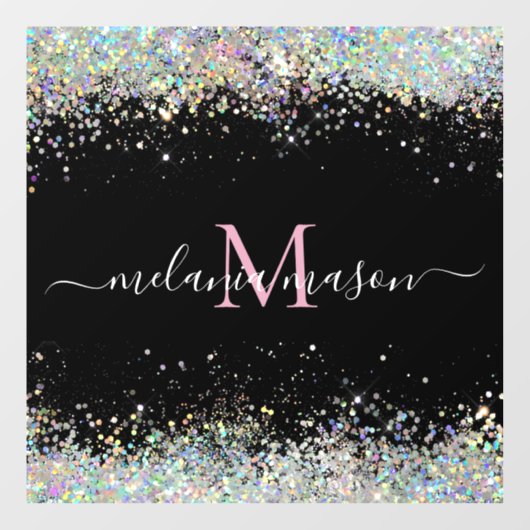 Elegant Holographic Glitter Monogram Black Raamsticker (Vel)