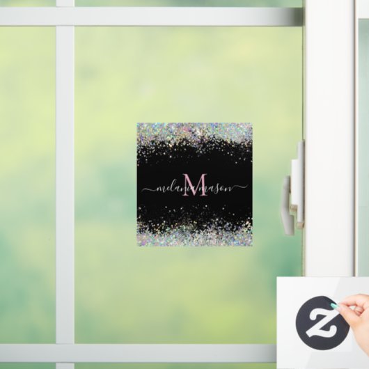 Elegant Holographic Glitter Monogram Black Raamsticker (Huis)