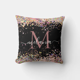 Elegant Holographic Glitter Monogram Name Black Kussen
