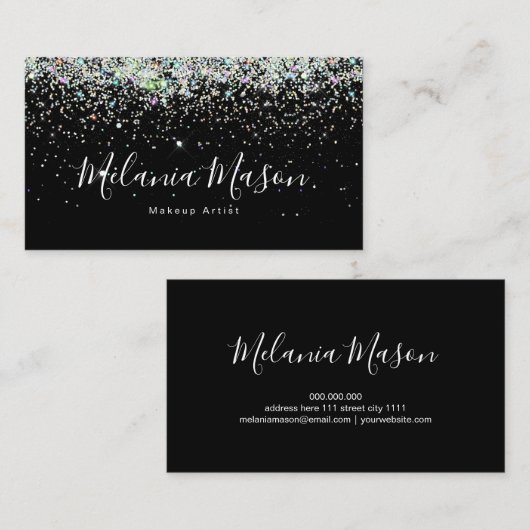 Elegant Holographic Glitter Nail Artist Black Visitekaartje (Voorkant / Achterkant)