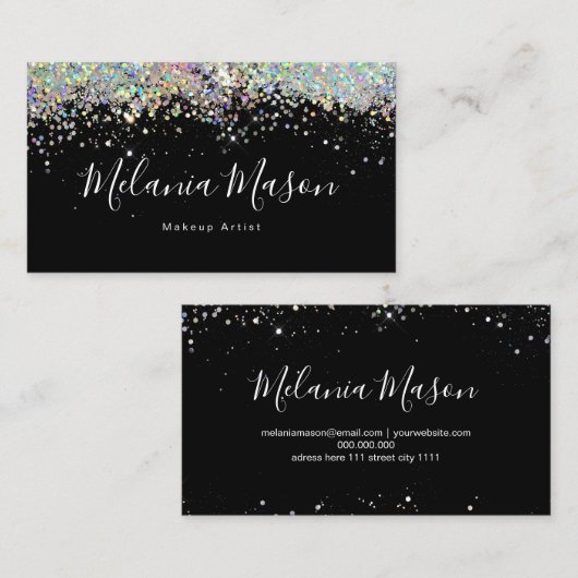 Elegant Holographic Glitter Nail Artist Black Visitekaartje (Voorkant / Achterkant)