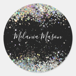 Elegant Holographic Glitter Stylish Name Black Cl Ronde Sticker