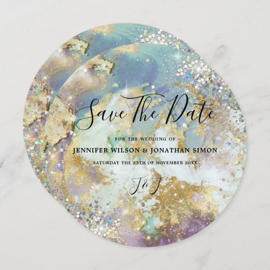 Elegant holographic Glitter Waterverf Gold Moderne Save The Date (Voorkant / Achterkant)