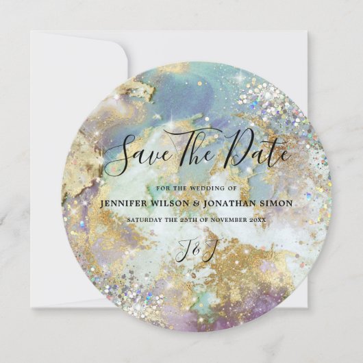 Elegant holographic Glitter Waterverf Gold Moderne Save The Date (Voorkant)