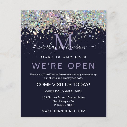 Elegant Holographic Glitter We zijn open Salon Blu Flyer (Voorkant)