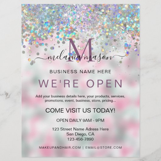 Elegant Holographic Glitter We zijn Open Salon Flyer (Voorkant)