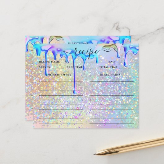 Elegant holographic Gold Glitter Drift Recipe Kaar (Voorkant / Achterkant in situ)